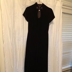 Dark brown,floor length,velvet cocktail dress,ornate mandarin collar. Lovely!